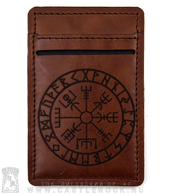 кардхолдер с гравировкой вегвизир и агисхьяльм в руническом круге (коричневый, ручная работа)