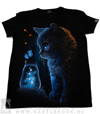 футболка детская котенок и бабочка (светится)