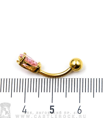Банан Сталь Золотистый с Шариком и Стразом Капля (розовым) 1,6 х 10 х 5/8