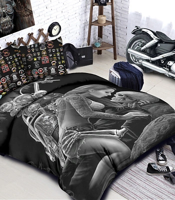 комплект постельного белья девушка, скелет, мотоцикл (ч/б)