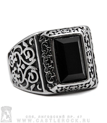 перстень с камнем черным (узор завитки, прямоугольник)