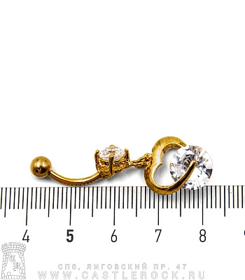 Банан Сталь Золотистый с Шариком и Стразом с Подвеской Сердце (стразы прозрачные) 1,6 х 10 х 5/8