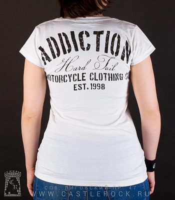 женская футболка addiction мотоцикл "hard tail" (белая)
