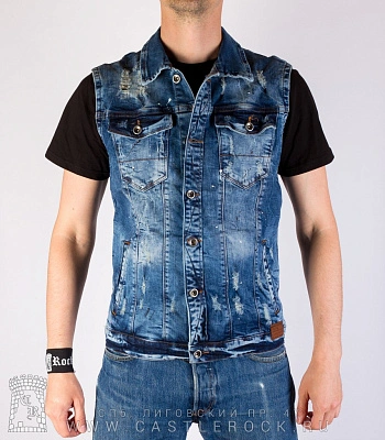жилет джинсовый синий "my life my rules" (потертый) 052-01