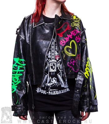 косуха женская к/з оверсайз с росписью 2478 (напыление металлик) косуха женская к/з оверсайз с росписью 2478 (напыление металлик)