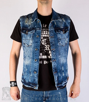 жилет джинсовый синий "my life my rules" (потертый) 052-01