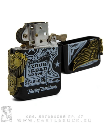 зажигалка фирменная harley-davidson "your road" (двигатель, черная)
