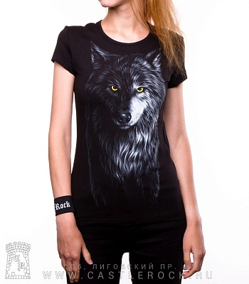 женская футболка волк (желтые глаза, светится)