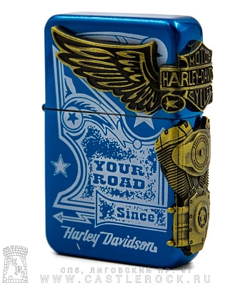 зажигалка фирменная harley-davidson "your road" (двигатель, синяя)