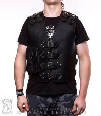 жилет байкерский кожаный на 4-х ремнях с накладным карманом