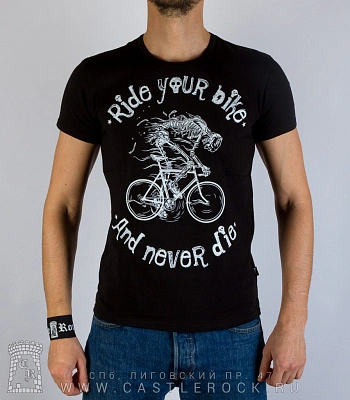 футболка скелет на велосипеде "ride your bike and never die" (светится)
