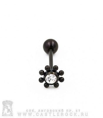 Штанга Сталь Черная с Цветком со Стразом (прозрачным) 1,6 х 16 х 6/10