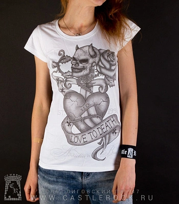 женская футболка addiction сердце и череп "love to death" (белая)