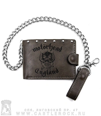 портмоне с цепью motorhead "england" (гравировка, на кнопке, серое, ручная работа)
