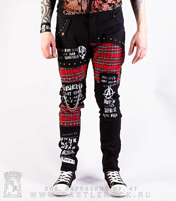 брюки клетка комбинированные с принтами (цепи, клепки)