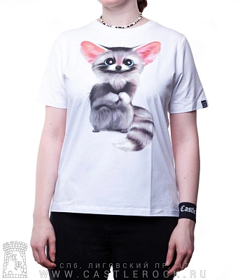 женская футболка лисичка фенек (белая, прямая, светится)