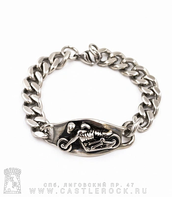 браслет стальной скелет байкера на мотоцикле (на подложке, цепь панцирная)
