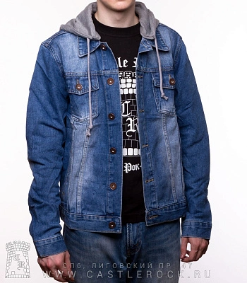 куртка джинсовая голубая с капюшоном серым e712