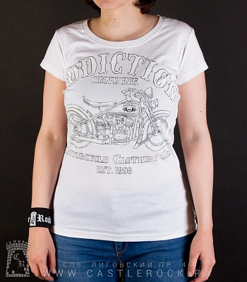женская футболка addiction мотоцикл "genuine" (белая)