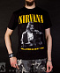 футболка nirvana kurt cobain "unplugged in new york" (ч/б, надпись желтая)